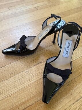 Jimmy Choo Black Patent Leather Pointed Slingback Heels with Grosgrain Bow